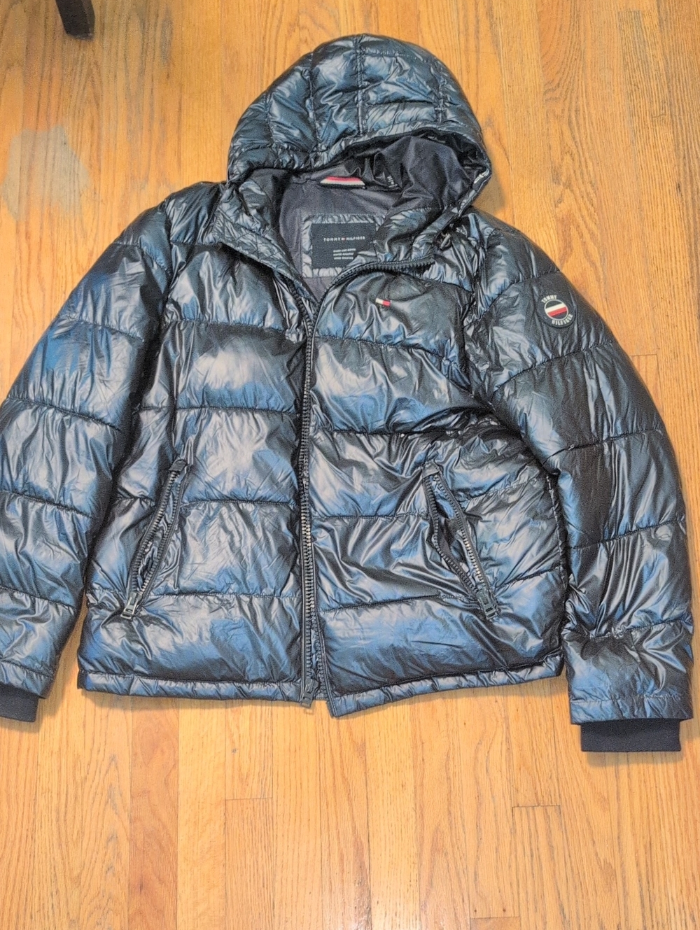 Tommy Hilfiger Glossy Black Quilted Hooded Puffer Jacket